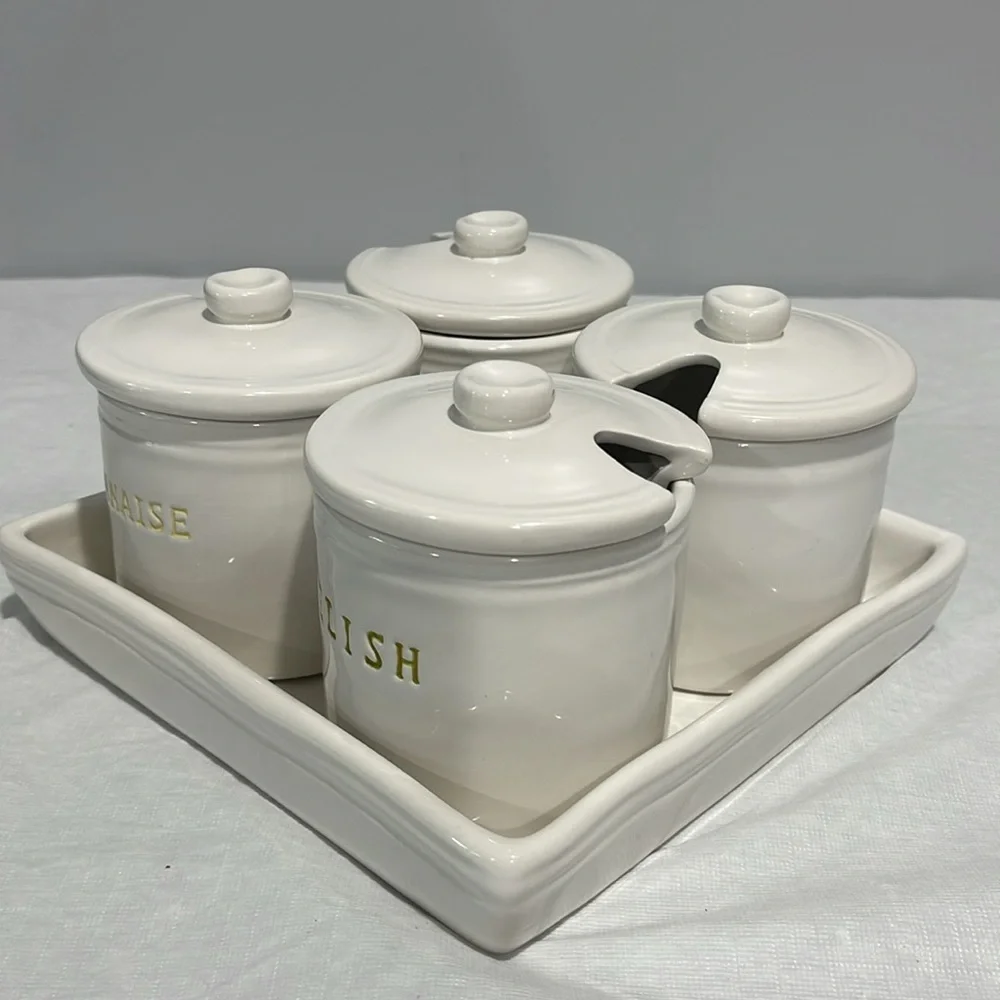Williams-Sonoma BBQ Condiment Jar Set Ketchup Mustard Relish Mayo With Tray